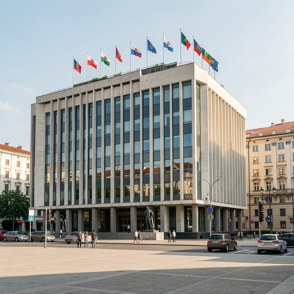 Ministarstvo vanjskih poslova u Beogradu, zgrada s državnim grbom i zastavama ispred ulaza, urbano okruženje