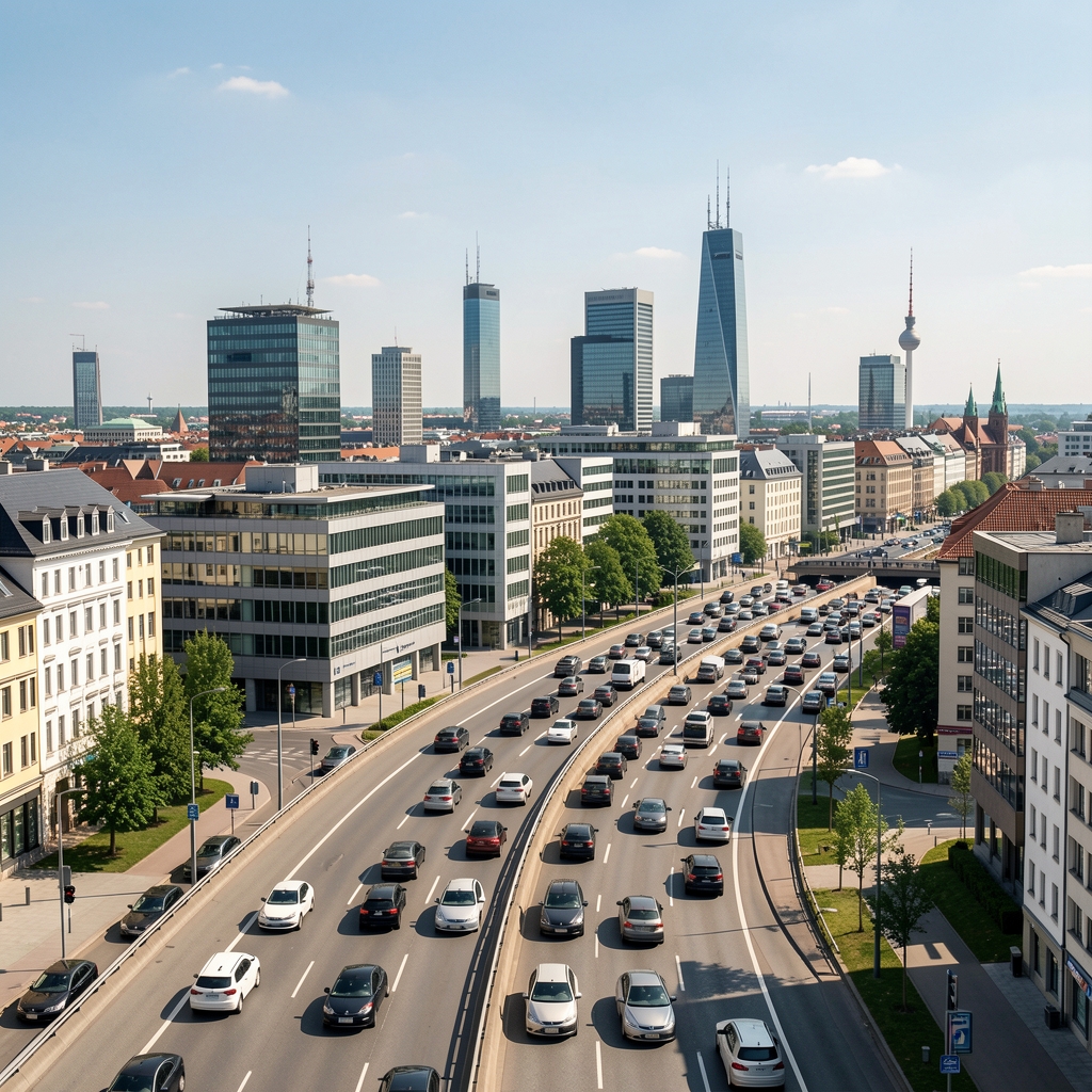 Financijski distrikt Frankfurta s neboderima i prometnom cestom u prvom planu, uredna urbana arhitektura
