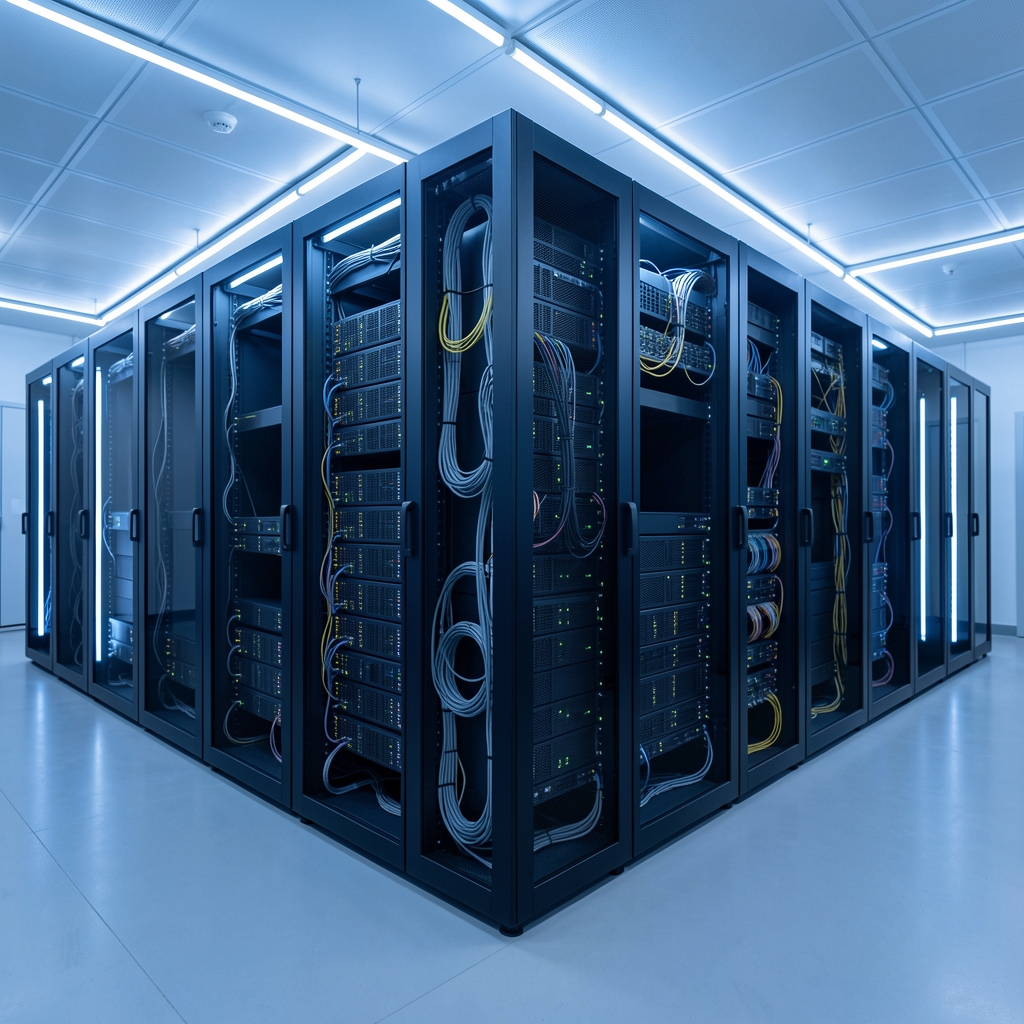 Moderni server rack u podatkovnom centru s plavim LED osvjetljenjem i složenom infrastrukturom za pohranu podataka