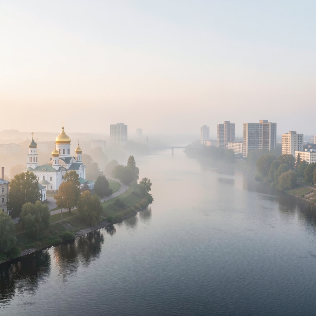 Urbana panorama Kijeva na rijeci Dnjepru s crkvenim kupolama i modernim zgradama vidljivim kroz jutarnju maglu