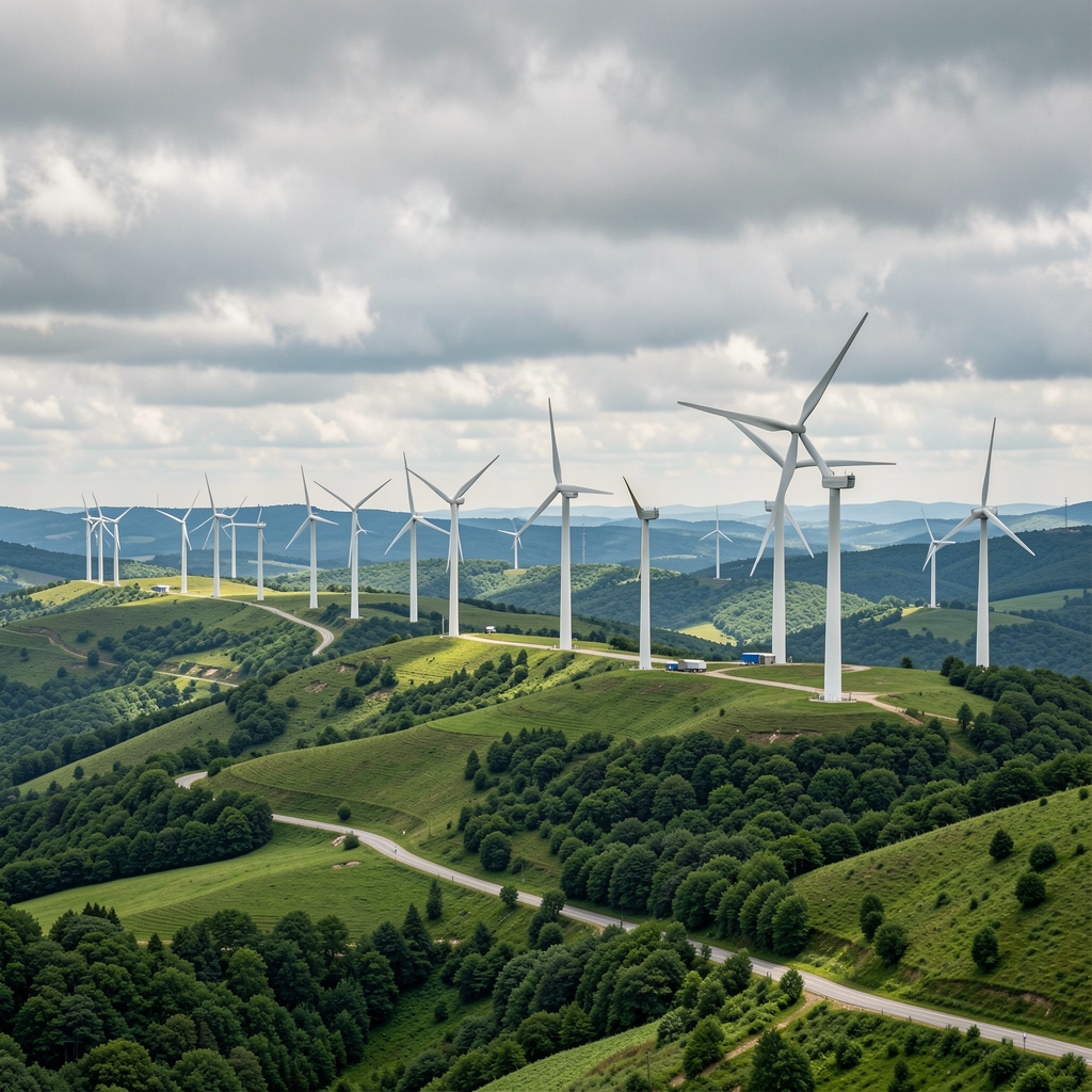 Vjetroelektrana na brdovitom terenu s redom bijelih turbina na zelenom krajoliku pod oblačnim nebom