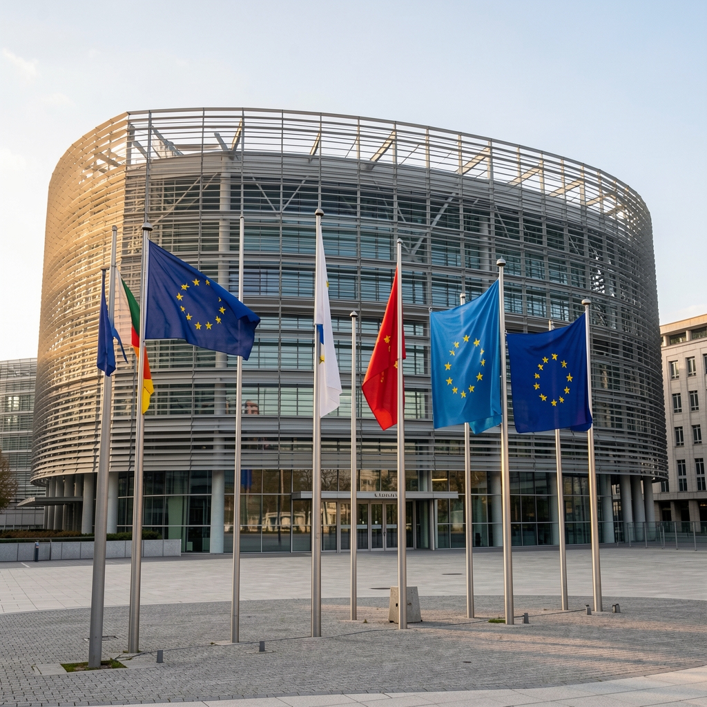 Panorama Bruxellesa s europskim institucijama i zastavama EU zemalja istaknuta pred zgradom Europskog parlamenta u suton