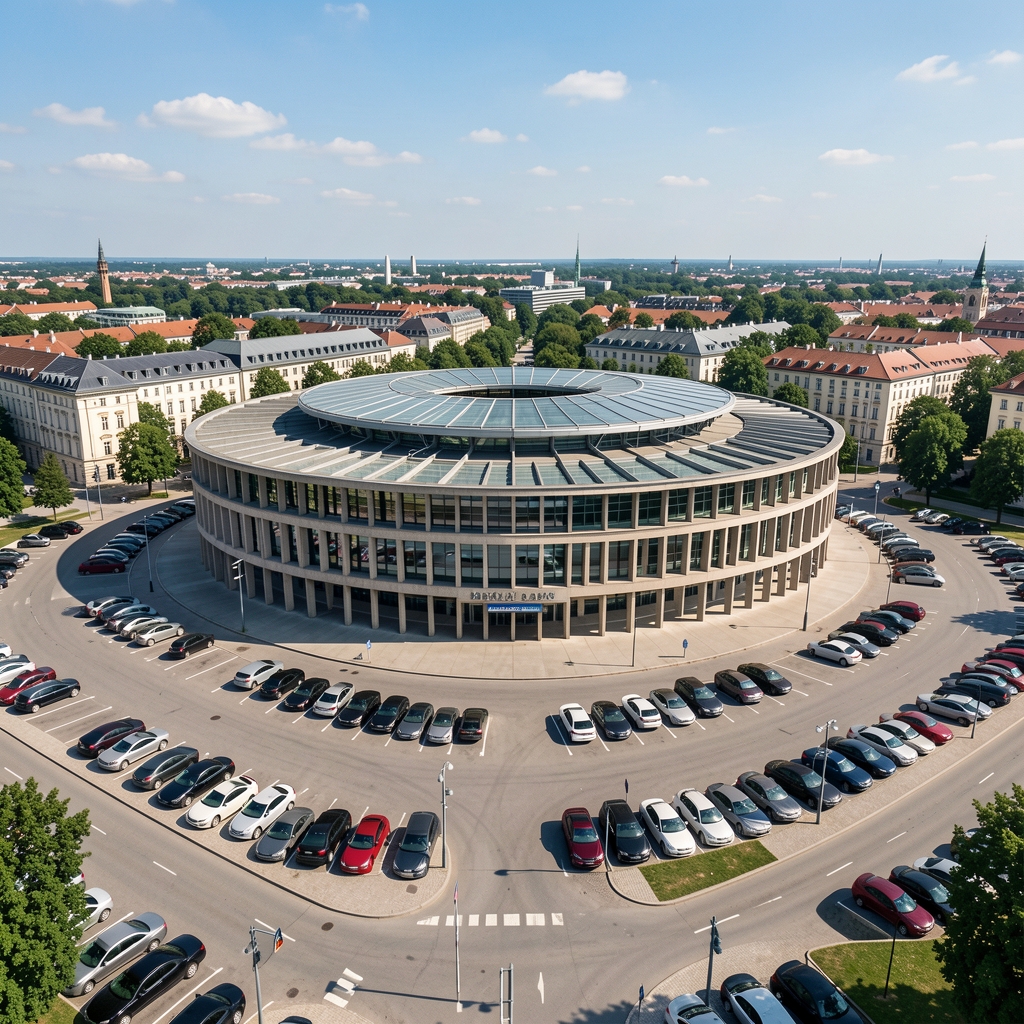 Europski parlament u Strasbourgu, pogled iz zraka na karakteristično okruglo zdanje s parkingom ispred