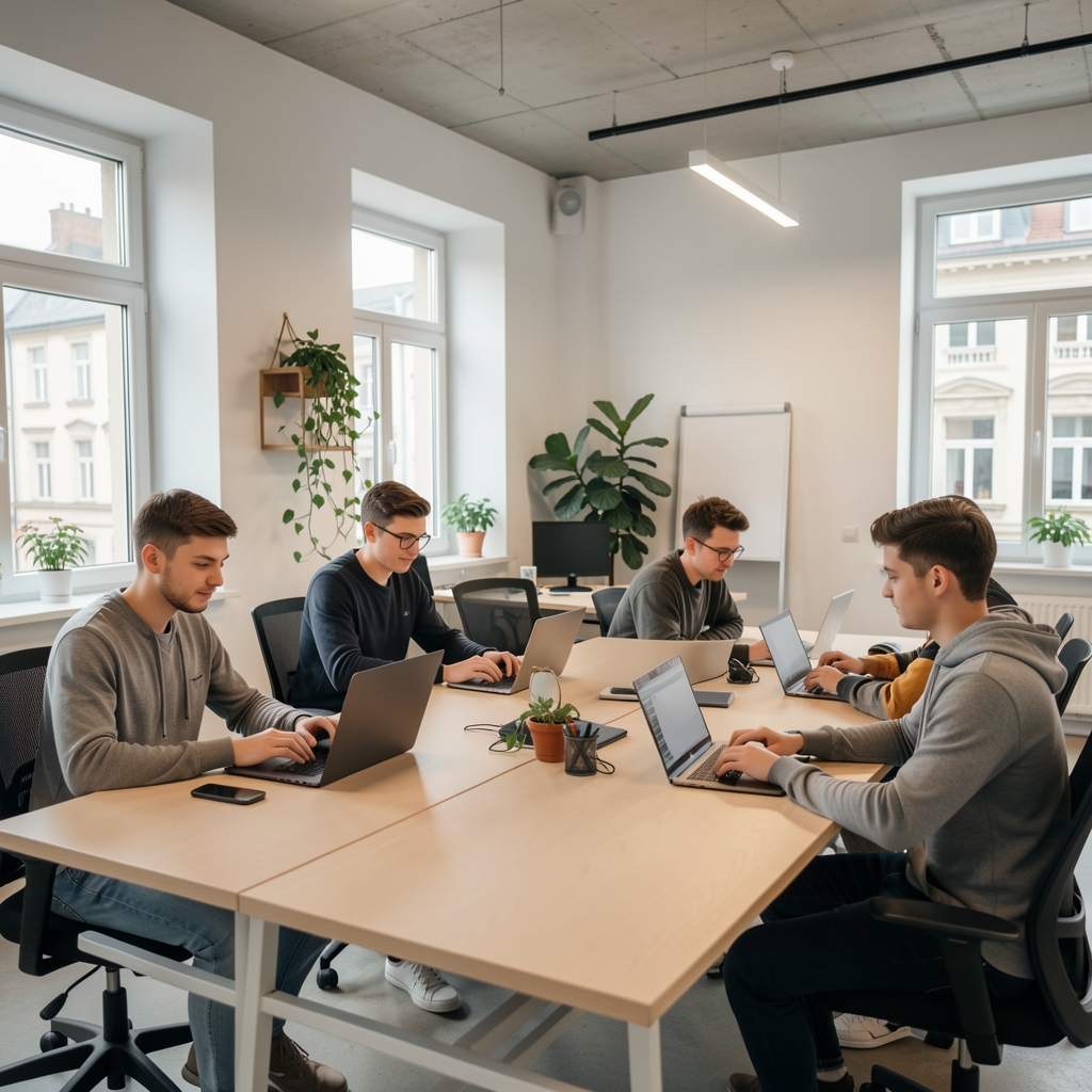 Mladi poduzetnici u modernom coworking prostoru u Zagrebu rade na laptopima, bijeli zidovi, urbani interijer, startup atmosfera